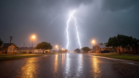 A striking thunderstorm scene features a lightning bolt illuminating a flooded street, with glowing streetlights creating a dramatic ambiance on a quiet night.の素材