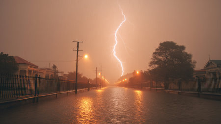This striking image captures the dramatic moment of lightning illuminating a flooded street during a nighttime thunderstorm, showcasing nature's raw power.の素材