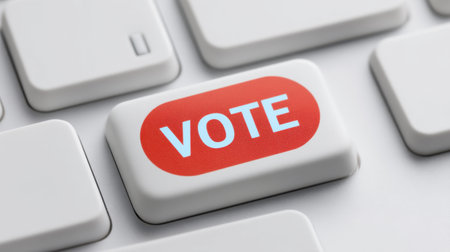 This image features a close-up of a computer keyboard with a distinctive red vote key, symbolizing civic responsibility and encouraging voter participation in elections.の素材