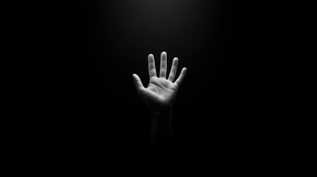 A minimalist image featuring a hand reaching toward faint light in a dark background, symbolizing hope and aspiration. This evocative scene captures the essence of emotional expression.の素材
