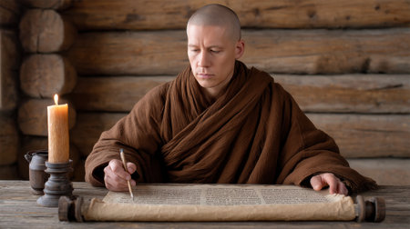 A monk sits in peaceful solitude, carefully writing on an ancient scroll by candlelight, surrounded by rustic wooden walls, emphasizing dedication to tradition and knowledge.の素材