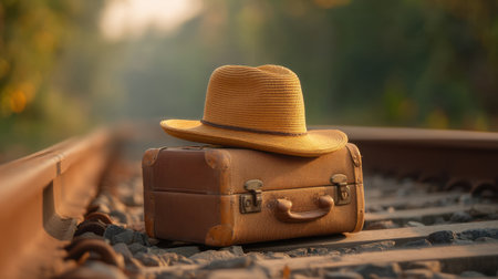 A vintage suitcase paired with a fedora hat rests on train tracks, inviting thoughts of adventure and travel. This picturesque setting captures nostalgia and freedom.の素材