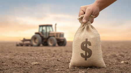 A picturesque sunset scene featuring a hand holding a money bag in the foreground, with a tractor working in a plowed field, depicting farming livelihood and economic growth.の素材