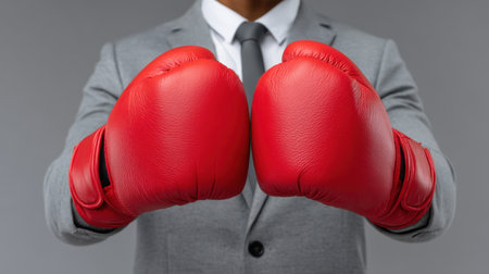 A close-up image of a businessman in a gray suit putting on red boxing gloves, symbolizing preparation for a competitive challenge against a gray background.の素材