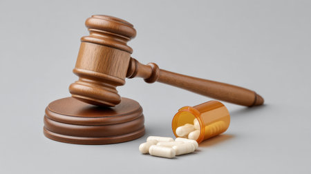 A wooden gavel rests next to a spilled capsule bottle and pills, evoking themes of law and health. This image represents the intersection of legal and medical concerns.の素材