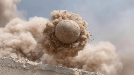 A dynamic scene capturing a ball exploding through a wall, surrounded by flying debris and a cloud of dust, illustrating action, force, and dramatic impact.の素材