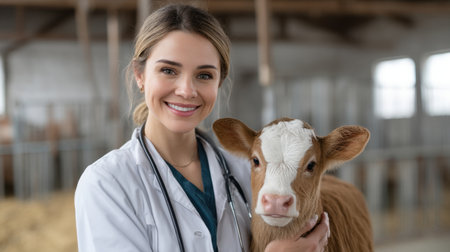 A young veterinarian stands confidently in a barn with a gentle calf, showcasing a trusting bond in animal care, highlighting the compassion of veterinary sciences.の素材