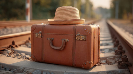 A charming vintage brown suitcase topped with a straw hat rests on railway tracks during sunset, evoking a sense of nostalgia and adventure. Perfect for travel themes.の素材