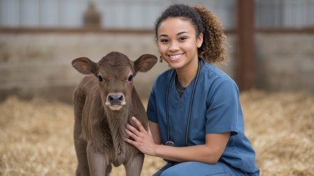 A young caregiver gently interacts with a calf in a cozy barn setting, highlighting the bond of trust and comfort in animal care and nurturing environments.の素材