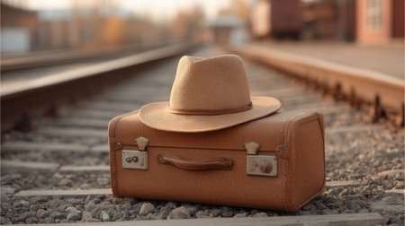 A brown suitcase topped with a fedora hat rests on train tracks illuminated by the evening sun, evoking a sense of nostalgia and wanderlust. Perfect for travel themes.の素材