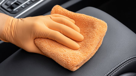 A close-up view of a gloved hand cleaning a car interior with an orange microfiber cloth, focusing on the care of black leather surfaces for a pristine appearance.の素材