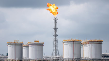Captivating view of an LNG plant featuring a towering flare stack emitting flames, showcasing the energy sector's industrial landscape amid cloudy skies.の素材