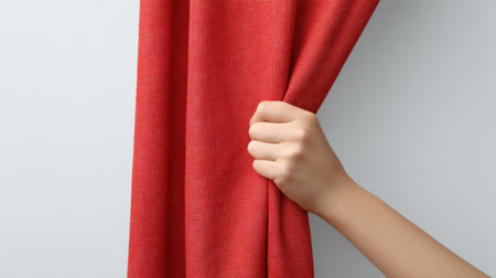 A clean and stylish image of a hand grasping a red fabric curtain, perfect for showcasing modern interior design and textile concepts with vibrant colors.の素材