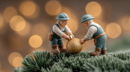 Two charming miniature workers are carefully placing a golden ornament on a Christmas tree. The soft bokeh lights in the background create a warm and festive atmosphere.の素材