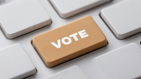 A close-up of a computer keyboard featuring a prominent 'Vote' key, symbolizing the importance of civic engagement and encouraging individuals to participate in democracy.の素材