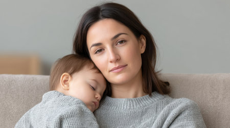 A serene and cozy scene of a mother sitting on a couch, gently cradling her sleeping baby on her shoulder, showcasing the warmth and love of family bonding.の素材