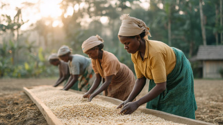 A vibrant scene showcasing women meticulously processing coffee beans by hand under the warm sun, emphasizing traditional methods and the beauty of agricultural life.の素材