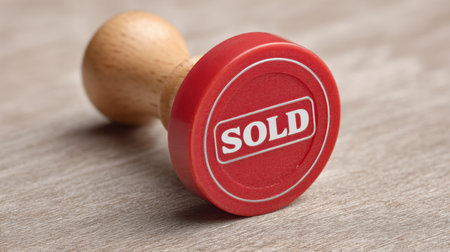 Detailed image of a red rubber stamp marked 'SOLD', showcasing its wooden handle and ideal for professional use in marking contracts and finalizing agreements.の素材