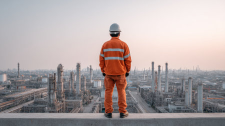 A worker in a reflective vest and helmet stands on a ledge, gazing over a vast industrial landscape filled with complex machinery at dusk.の素材