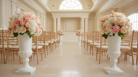 Discover stunning floral arrangements featuring soft pastel roses and hydrangeas in elegant white vases, enhancing a beautiful wedding ceremony setting.の素材