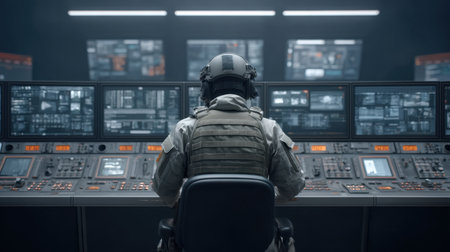 A high-tech mission control desk with an operator focused on multiple monitors, surrounded by advanced technology and data displays in a professional environment.の素材