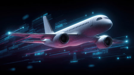 A dynamic image showcasing a futuristic airplane soaring through a vibrant holographic data stream, emphasizing technology and speed in an innovative background.の素材