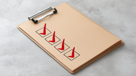 A clean clipboard with red checkmarks on a gray surface offers an organized representation of efficient task management, ideal for any professional workspace environment.の素材