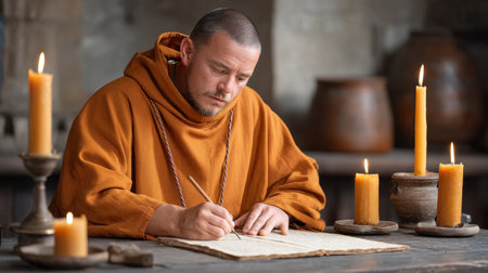A monk in an orange robe writes a manuscript by flickering candlelight, creating a serene atmosphere filled with tradition and focus on craftsmanship and learning.の素材