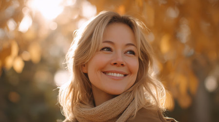 A joyful woman smiles brightly, framed by glowing autumn leaves. This warm scene captures the essence of nature's beauty and the warmth of a peaceful moment outside.の素材