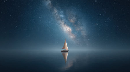 A breathtaking view of the night sky featuring the Milky Way arching majestically above a solitary sailboat, creating a serene and tranquil atmosphere on calm waters.の素材