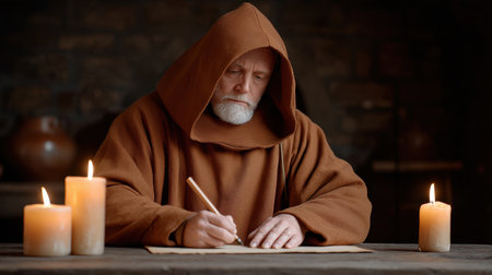 A monk in a brown robe concentrates on writing a manuscript by candlelight, creating an atmosphere of tranquility and focus in a historical setting.の素材