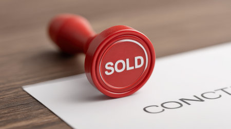 A striking close-up image featuring a red rubber stamp marked SOLD, placed directly on a crisp white contract sheet, highlighting business transactions and approvals.の素材