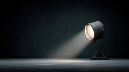 A dramatic studio spotlight illuminates an empty surface, creating a striking contrast in a darkened space. This image evokes an atmosphere of anticipation and creativity.の素材