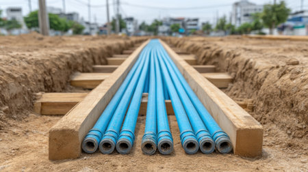 Blue pipes lie in a trench at a construction site, prepared for industrial cable installation, illustrating essential groundwork and utility planning for future projects.の素材