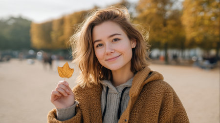 A young woman smiles while enjoying a serene fall day, holding a vibrant leaf in hand, representing the beauty of autumn in a picturesque outdoor setting.の素材