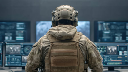 A soldier in tactical gear operates a state-of-the-art command center with multiple screens, showcasing military technology for real-time operations and data analysis.の素材