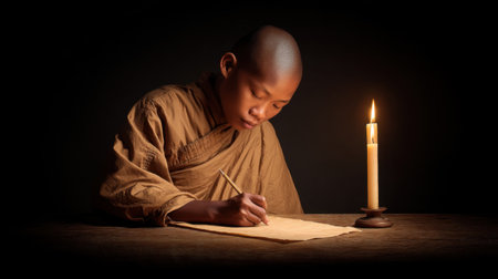 A young monk intensely focuses on writing on parchment, illuminated by the warm glow of a candle in a tranquil, dark setting, capturing a moment of serenity and creativity.の素材