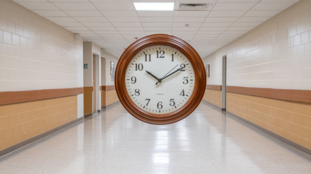 An empty hospital walkway features a prominent wall clock, signifying the passage of time in a serene, brightly lit environment, perfect for healthcare-related themes.の素材