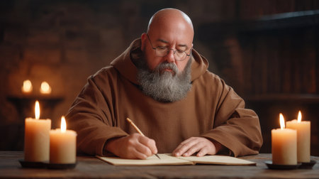 A serene scene of a monk in a brown robe focused on writing a manuscript by candlelight. The warm glow of flickering candles creates a tranquil atmosphere for contemplation and study.の素材