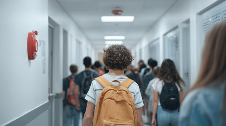 Students walk through a brightly lit school hallway with fire alarms overhead, showcasing a vibrant atmosphere of interaction and safety awareness.の素材