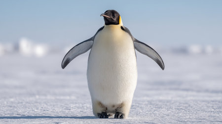 A charming emperor penguin displays an elegant pose against a snowy backdrop, embodying the serene beauty of its arctic environment under a clear blue sky.の素材