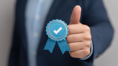 A professional individual displays a digital certified badge symbolizing approval and trust. The blue badge features a tick and represents achievement in various fields.の素材