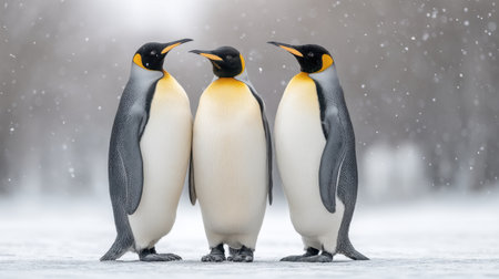 A stunning scene featuring emperor penguins forming a heart shape in a snowy landscape. Flurries add to the serene beauty, creating a perfect winter moment.の素材