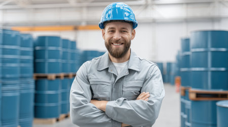 A cheerful warehouse worker stands confidently in a blue hard hat and uniform, surrounded by blue barrels and demonstrating a strong commitment to safety and professionalism.の素材