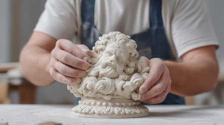 A skilled artisan meticulously shapes an ornate clay figure with focused hands, highlighting the intricate process of sculpting in a serene studio setting.の素材