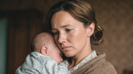 A touching moment of a mother holding her newborn in a cozy setting, highlighting the emotional connection and tenderness shared between them in a nurturing environment.の素材
