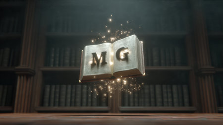 An enchanting scene featuring a glowing open book floating in a dark wooden library, emitting shimmering letters and notes, creating a magical and serene ambiance.の素材