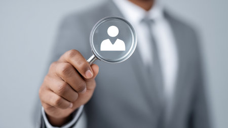 A professional man in a suit examines a digital CV icon with a magnifying glass, symbolizing detailed evaluations and insights in career opportunities.の素材