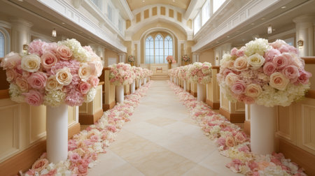 Experience a stunning wedding chapel aisle adorned with lavish floral arrangements and delicate petals, creating a romantic and elegant ceremony atmosphere.の素材