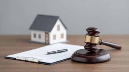 A model house, legal papers, and a gavel on a desk create a professional atmosphere for real estate transactions, highlighting legal considerations and decision-making.の素材
